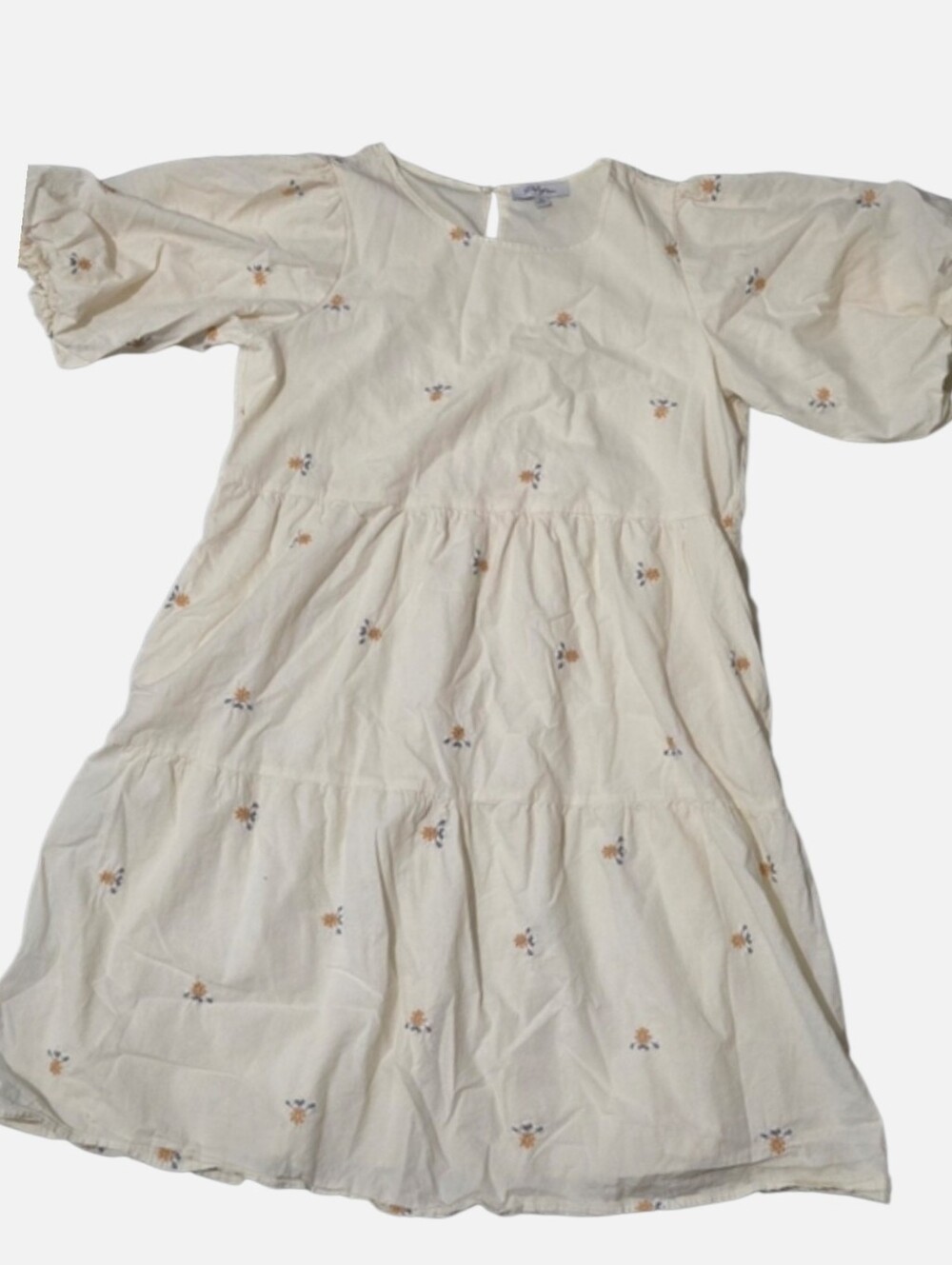 Polagram Embroidered Floral Babydoll Midi Dress Women's Medium Cream Orange Puff